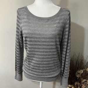Talbots Gray Metallic Striped Long Sleeve Pure Italian Merino Pullover Sweater M